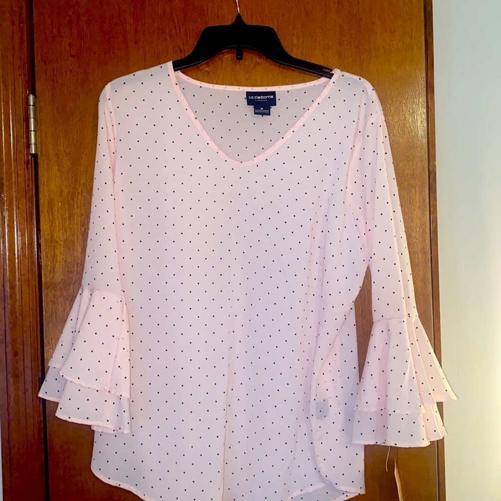 Pink and black polka dot blouse